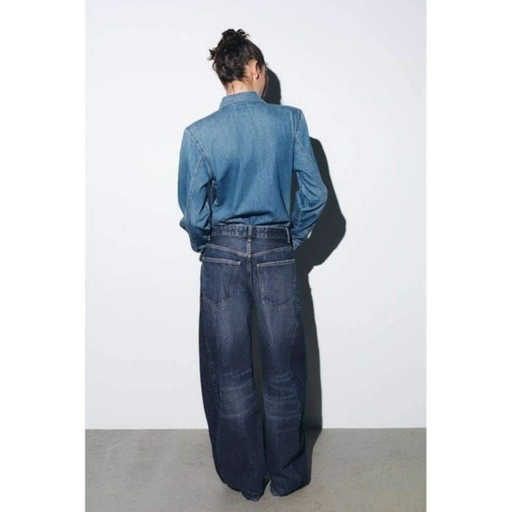 Zara Two Tone Barrel Leg Jeans High Waisted Wide Leg Blue Denim Sz 34 - Picture 6 of 13